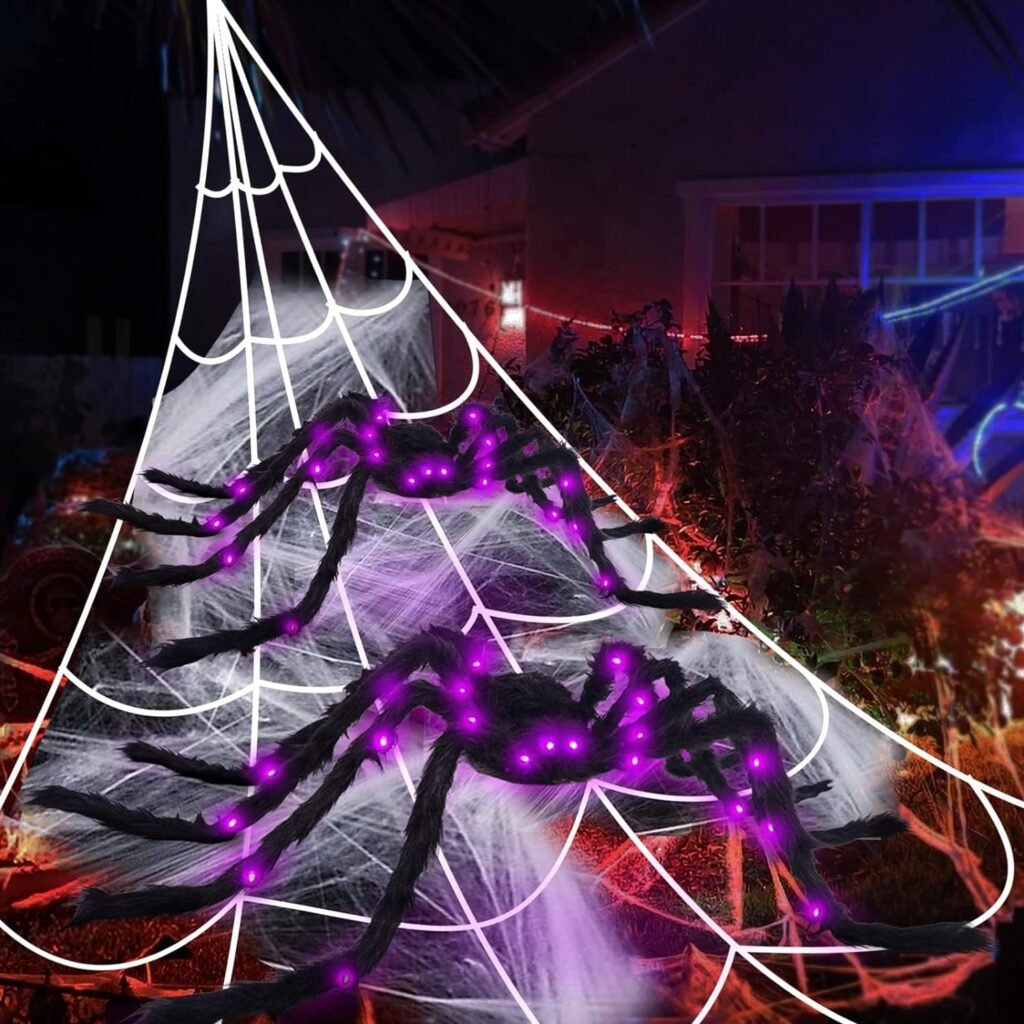 BEIGUO 50 Halloween Light up Spider (2 Pack) with 200 Spider Web Scary Giant Halloween Spider for Indoor Outdoor Halloween Decorations Party Yard Home House Décor