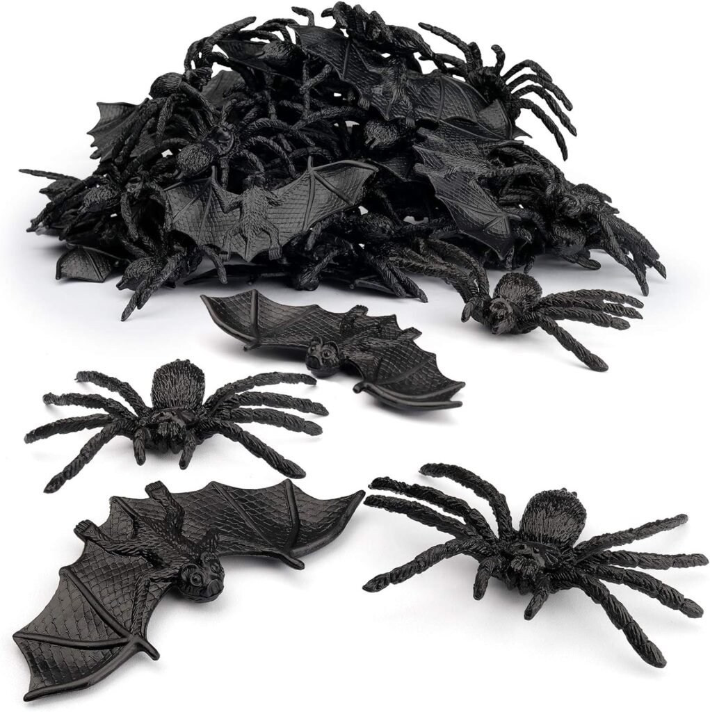 Coogam 48PCS Halloween Spiders Bats Party Favor Decorations Set of 24 Realistic Spiders and 24 Plastic Bats, Small Size Hallowmas Prank Props Supplies Kid Gift Joke Toy Home Decor