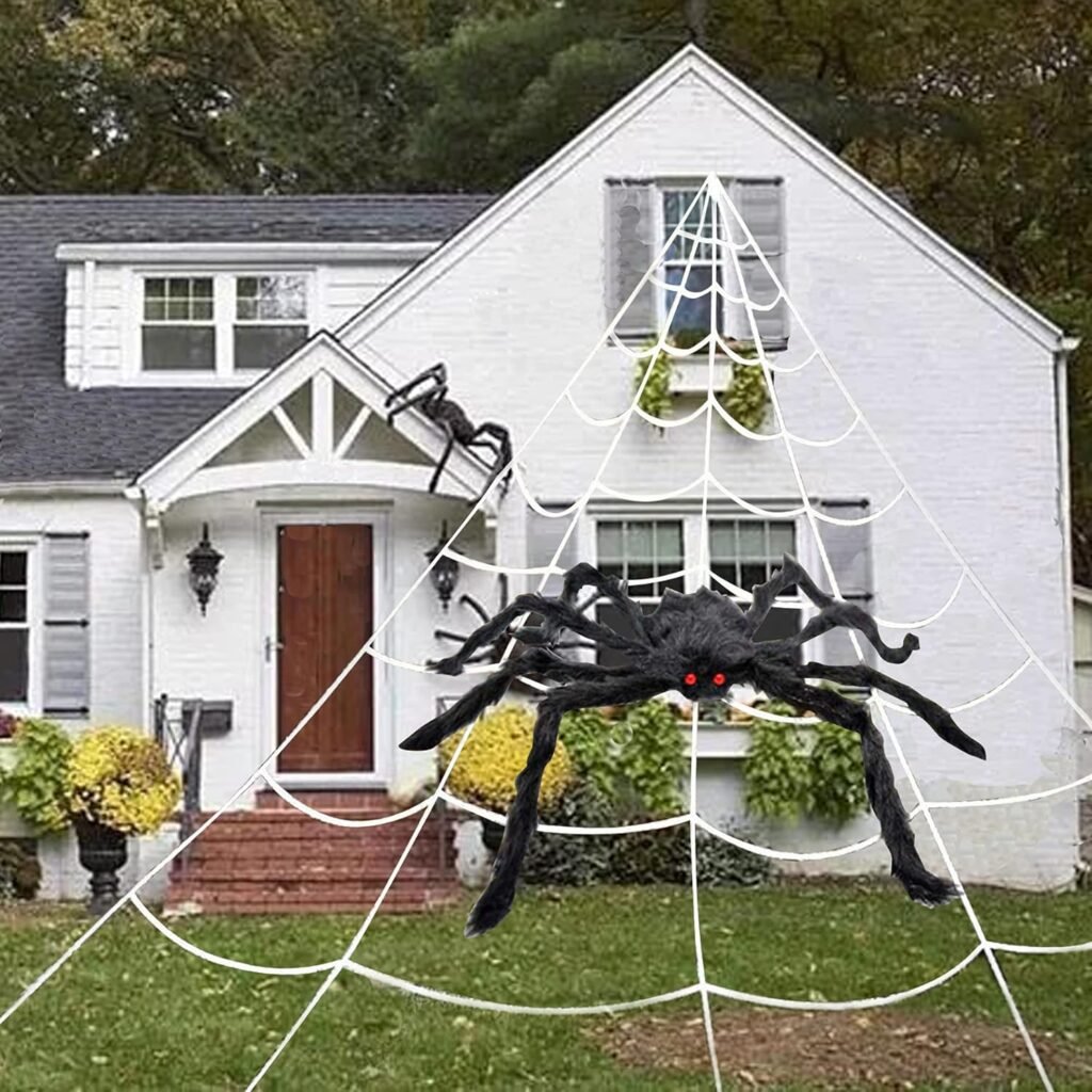 Easeen Halloween Spider Decorations, 50 Scary Giant Spider with 200 Triangle Web  2×20gr Spider Webs, Large Hairy Spider Props for Halloween Creepy Decor Indoor, Outdoor, Party, Window, Wall, Yard