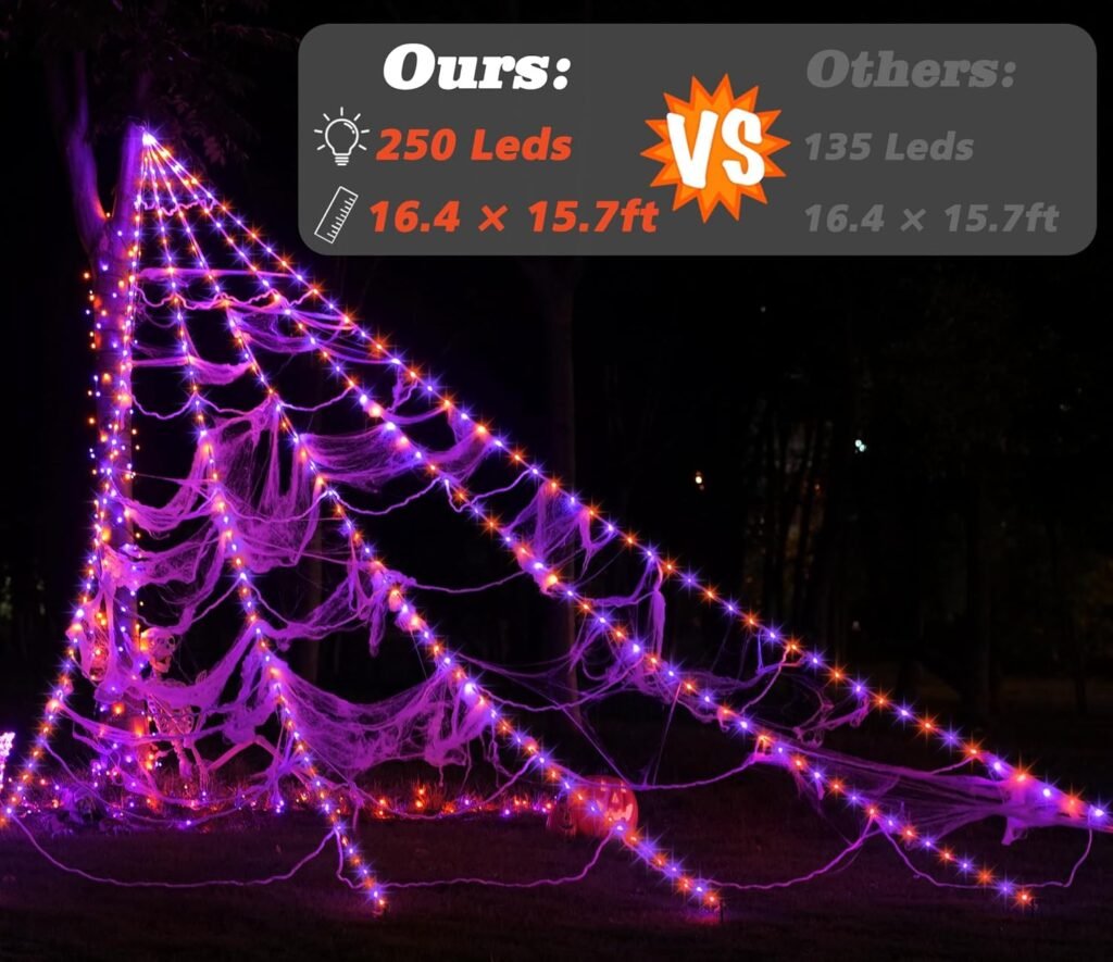 Halloween Spider Web Lights Decoration 250LED Light up Spider Webs Halloween Decorations Outdoor with 59 Large Spider  3.53oz Stretch Cobweb 16.4Ft Giant Web with 8 Modes (Purple  Orange)