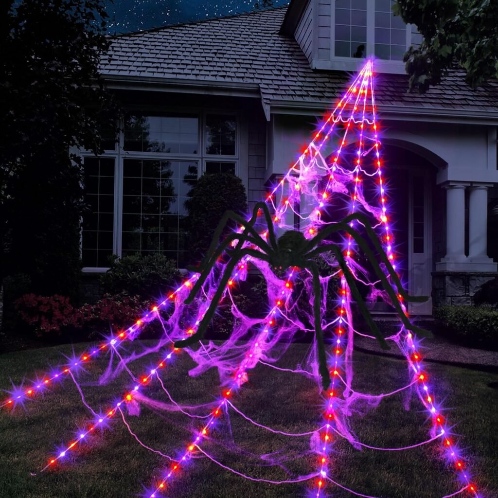 Halloween Spider Web Lights Decoration 250LED Light up Spider Webs Halloween Decorations Outdoor with 59 Large Spider  3.53oz Stretch Cobweb 16.4Ft Giant Web with 8 Modes (Purple  Orange)