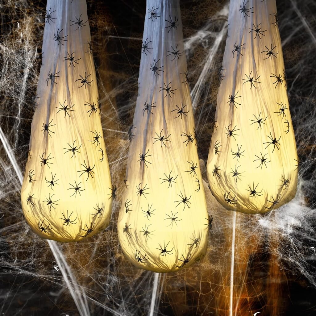 JOYIN Halloween Hanging Spider Egg Sacs Decorations (3 Packs) - 32” Large Light Up Spider Egg Decoration with Led Lights for Haunted House, Halloween Outdoor Decorations(7.8” in Diameter)