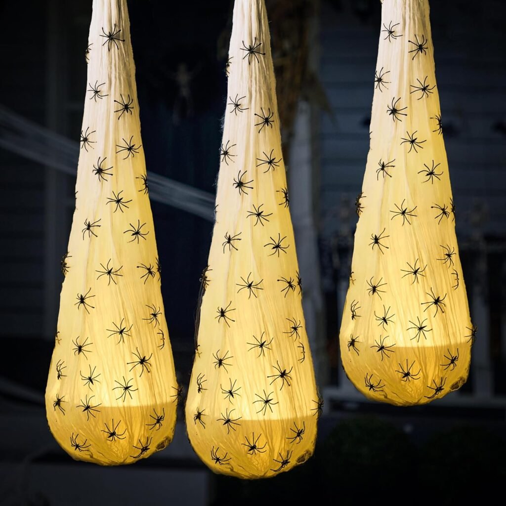 JOYIN Halloween Hanging Spider Egg Sacs Decorations (3 Packs) - 32” Large Light Up Spider Egg Decoration with Led Lights for Haunted House, Halloween Outdoor Decorations(7.8” in Diameter)