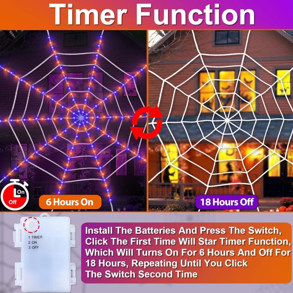 [ Prelit  Avoid Tangled Mess ] 12Ft 120LED Giant Halloween Spider Web Decor with Orange Purple Net Lights Timer Battery Operated Waterproof Halloween Decorations Outdoor Indoor Home Yard Garden Patio