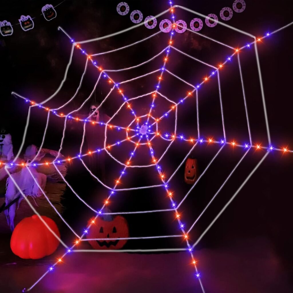 [ Prelit  Avoid Tangled Mess ] 12Ft 120LED Giant Halloween Spider Web Decor with Orange Purple Net Lights Timer Battery Operated Waterproof Halloween Decorations Outdoor Indoor Home Yard Garden Patio