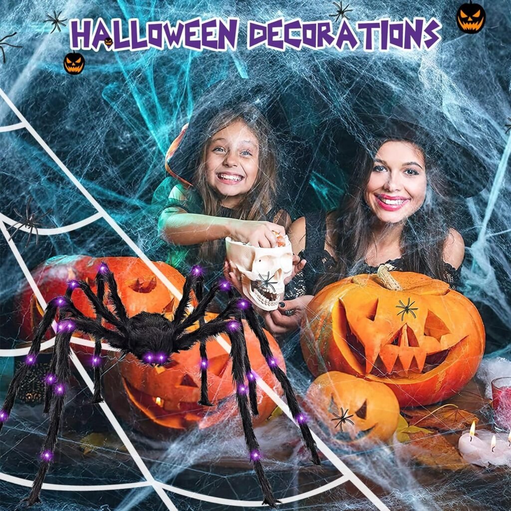 Spider Webs Halloween Decorations, 59 Light-up Giant Spider + 236 Giant Triangular Spider Web + 0.08lb Stretch Cobwebs for Indoor and Outdoor Patio Party Haunted House Decoration(Black Plush)