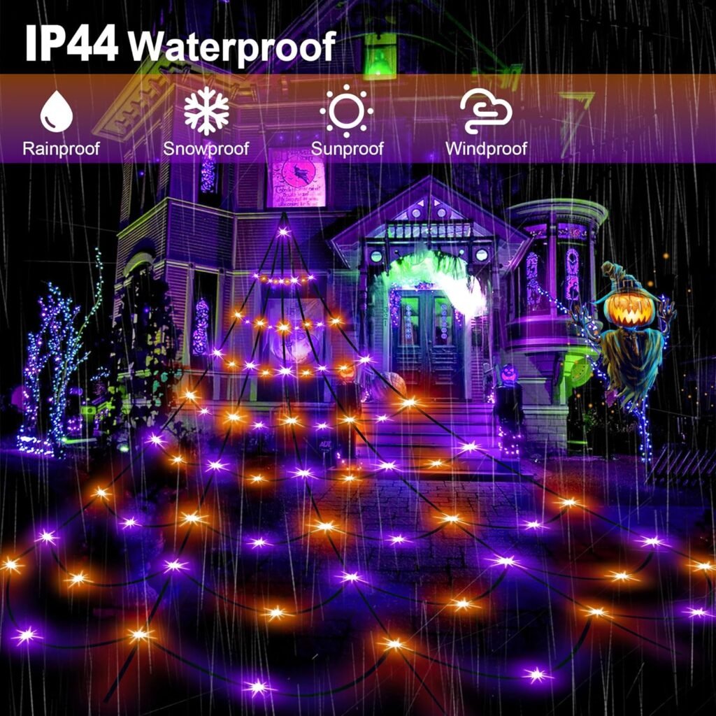 Yumhum 250 LED Orange and Purple Halloween Spider Web Lights Outdoor Decorations, 19.7FTx13.1FT Plug in 8 Twinkle Modes Light Up Spider Web Decorations for Yard Home Decor Halloween Decorations