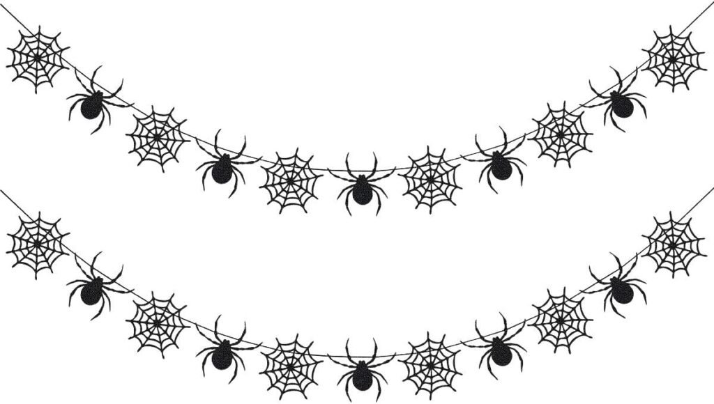 2Pcs Black Glitter Spider Garland Halloween Spider Banner, Hanging Spider Web Banner Spiderweb Garland for Haunted Mansion Home Mantle Fireplace Halloween Party Decorations