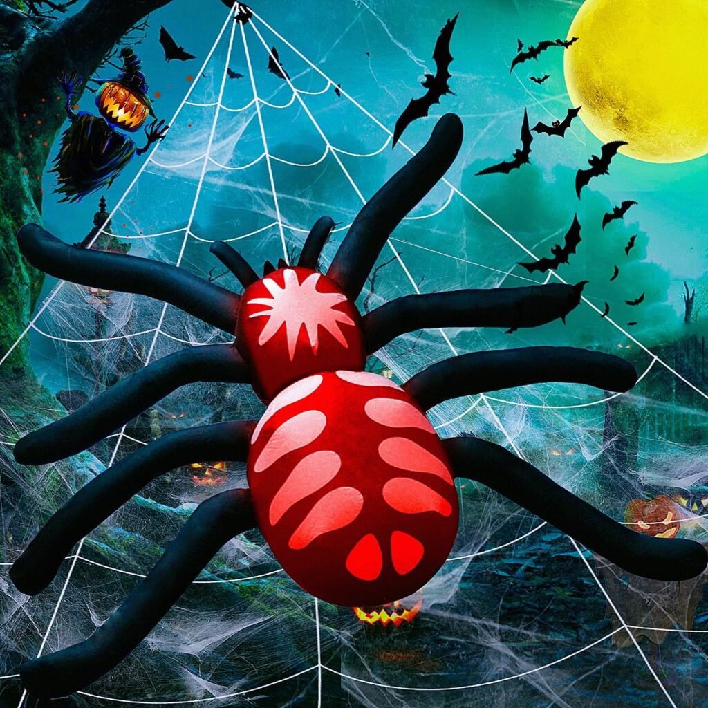 6FT Halloween Inflatable Spider Decorations with Spider Giant Web, Blow Up Skull Spider with 16ft Large Web Props Set Outdoor Decor for Halloween Party Garden Lawn Garden Lawn House Holiday