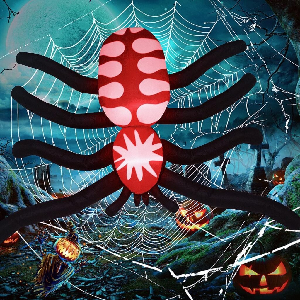 6FT Halloween Inflatable Spider Decorations with Spider Giant Web, Blow Up Skull Spider with 16ft Large Web Props Set Outdoor Decor for Halloween Party Garden Lawn Garden Lawn House Holiday