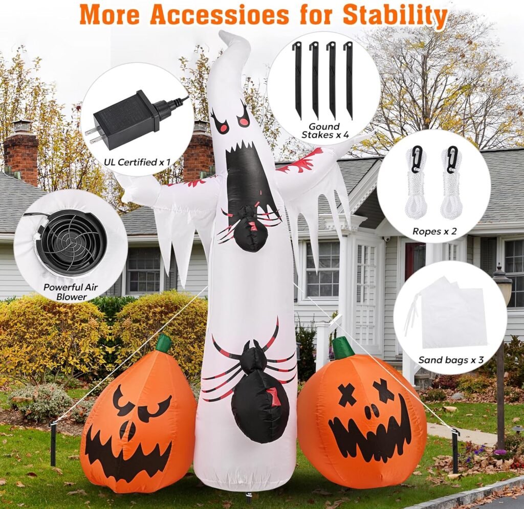 8FT Halloween Inflatables Decorations Outdoor Ghost Pumpkin Built-in Flame Flashing Projection Light,Blow Up Yard Inflatables with Pumpkin Spider for Outside Halloween Patio Party Garden Decorations