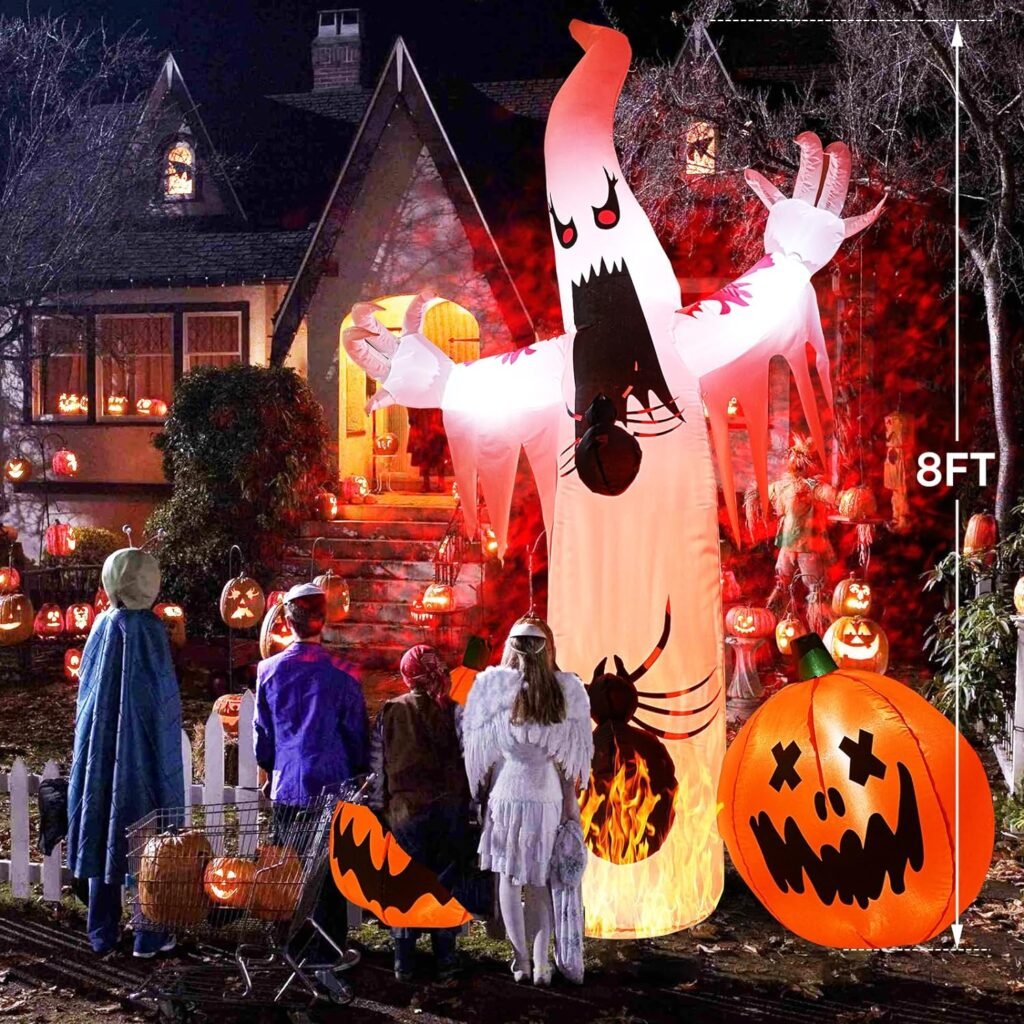 8FT Halloween Inflatables Decorations Outdoor Ghost Pumpkin Built-in Flame Flashing Projection Light,Blow Up Yard Inflatables with Pumpkin Spider for Outside Halloween Patio Party Garden Decorations