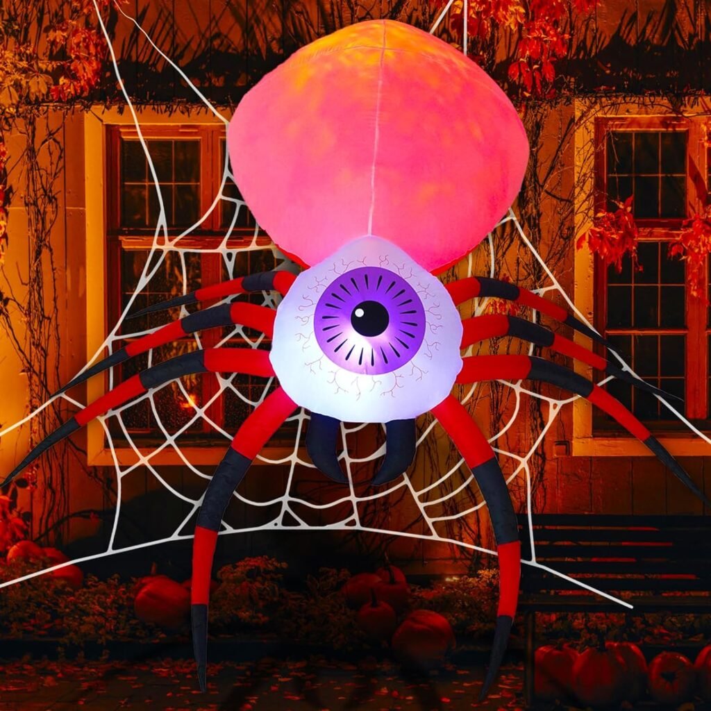 Dawdix 8FT Halloween Inflatable Spider with Built-in LED Red Rotating Flame Light, Blow Up Spooky Halloween Spider, Ideal for Roof Yard Garden Halloween Decoration