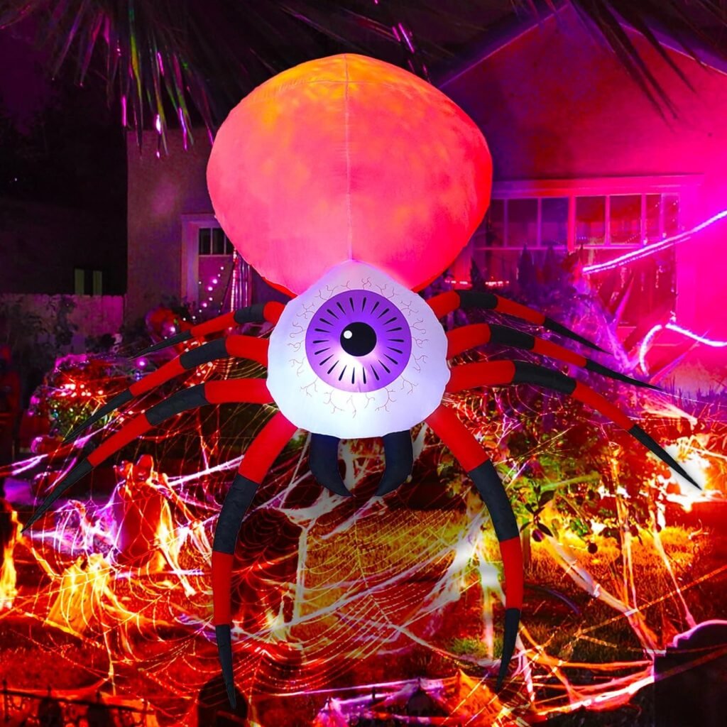 Dawdix 8FT Halloween Inflatable Spider with Built-in LED Red Rotating Flame Light, Blow Up Spooky Halloween Spider, Ideal for Roof Yard Garden Halloween Decoration