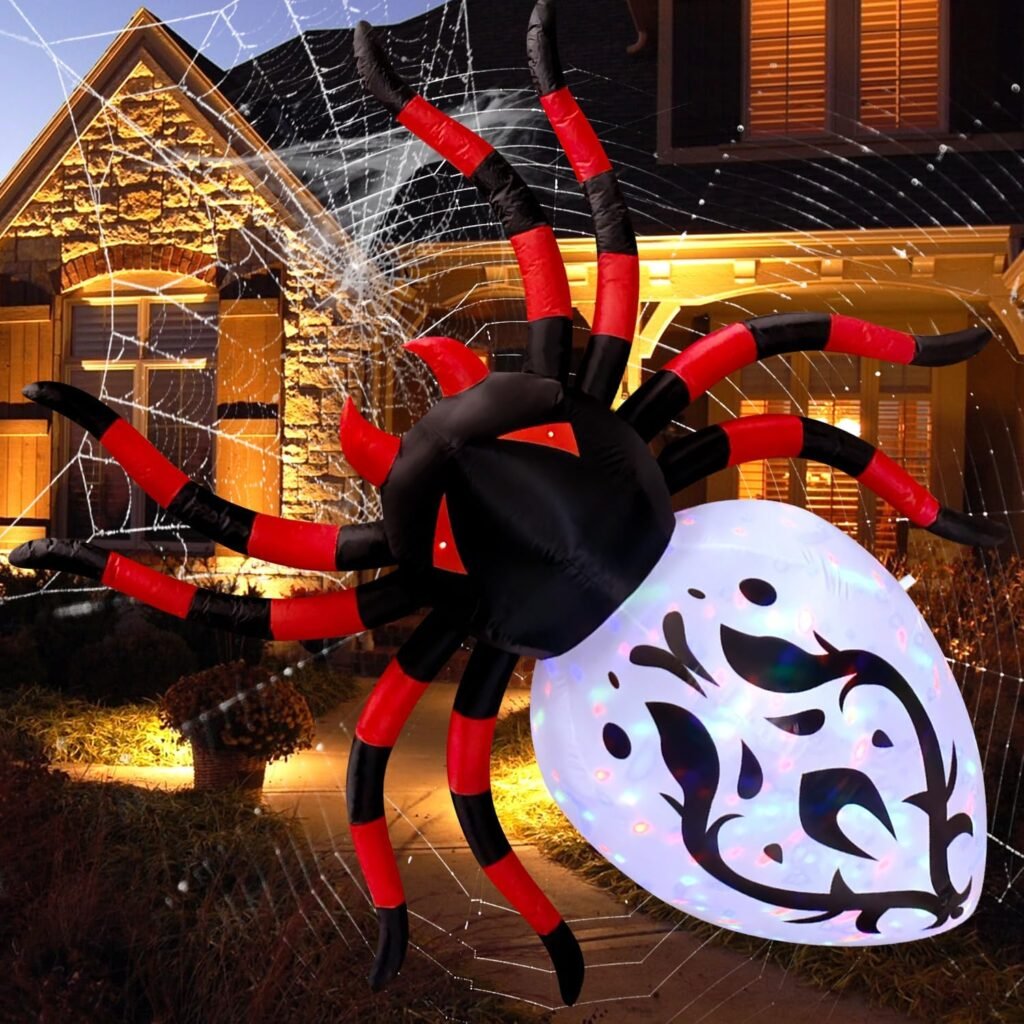 DomKom 8 FT Halloween Inflatables Outdoor Decorations, Giant Black and Red Spider with Magic Light, LED Lights Holiday Blow Up for Halloween Party Garden Yard Lawn Décor