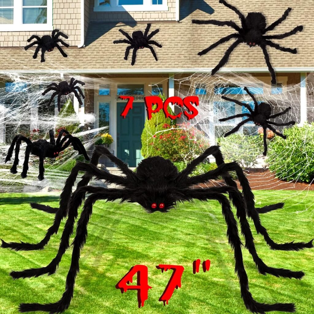 jollylife 7PCS Halloween Decorations Outdoor Fake Giant Spiders - Scary Props for Yard Haunted House Indoor Party Decor Supplies (47”×1pcs, 30”×1pcs, 20”×2pcs, 12”×3pcs)