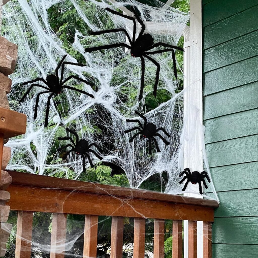 jollylife 7PCS Halloween Decorations Outdoor Fake Giant Spiders - Scary Props for Yard Haunted House Indoor Party Decor Supplies (47”×1pcs, 30”×1pcs, 20”×2pcs, 12”×3pcs)
