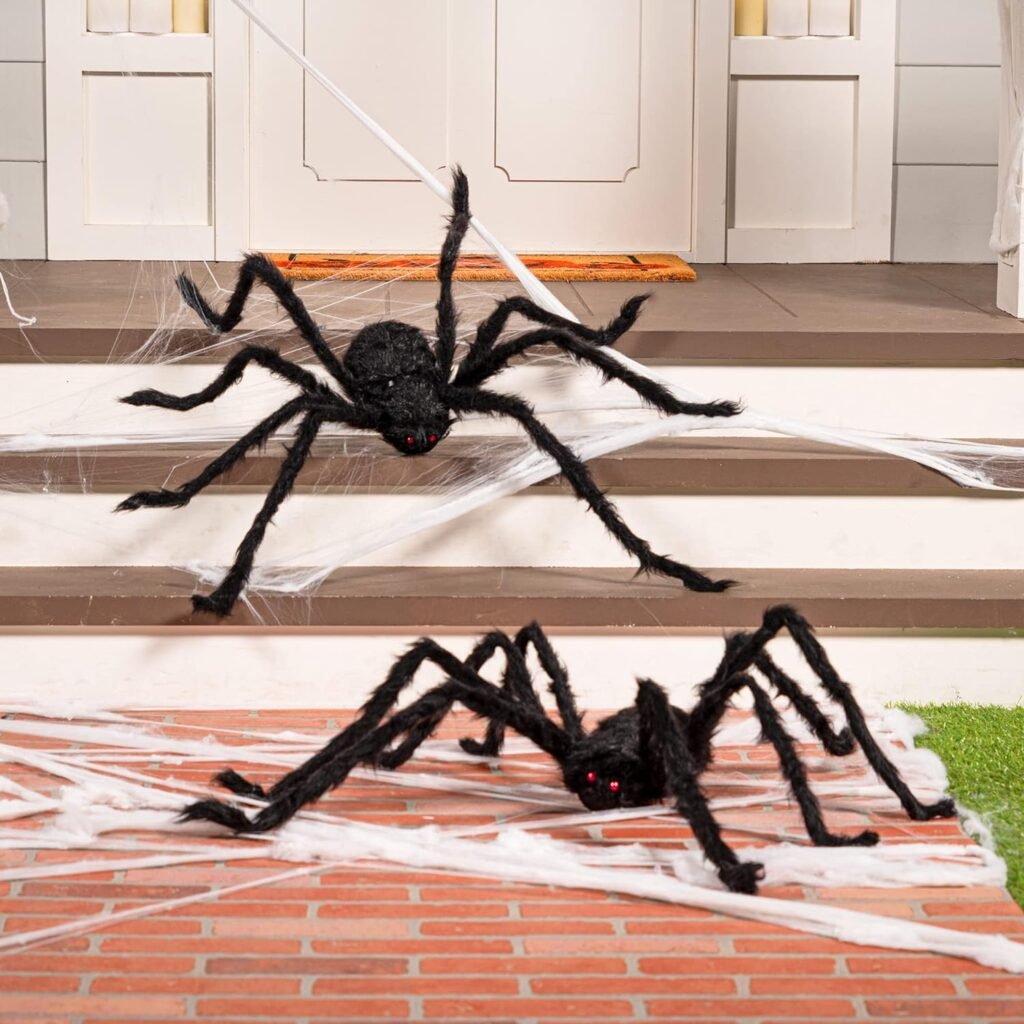 JOYIN 2 Pack Halloween Outdoor Decorations Hairy Spider, Halloween Spiderweb for Halloween Outdoor Decoration Scary Giant Spider Fake Large Spider Props for Halloween Yard Decorations (47, 35)