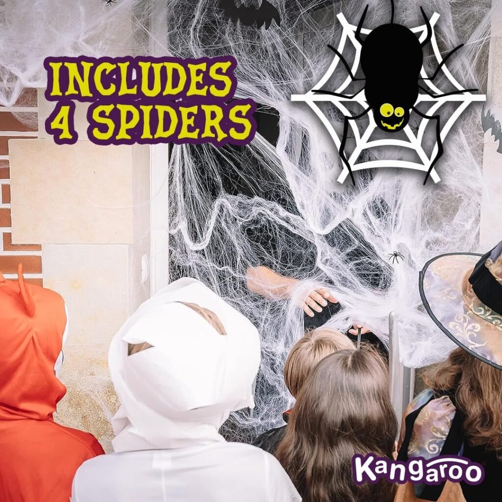 Kangaroo Spider Webs  Fake Spiders for Halloween Decorations Indoor  Outdoor I Spooky 200 Square Feet Cobweb Halloween Party Decorations I Giant Spider Web Decoration for Scary Halloween Decorations