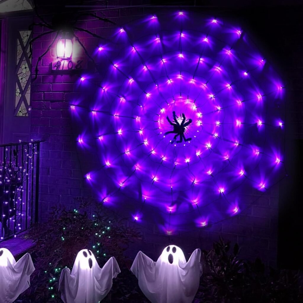 Kemooie Halloween 3.25ft Spider Web with 80 LED and 1 Hairy Spider, 3 Mode Lights Up Cobweb Halloween Decorations for Outdoor Indoor Outdoor Window Wall Garden Patio Yard Decor (Purple)