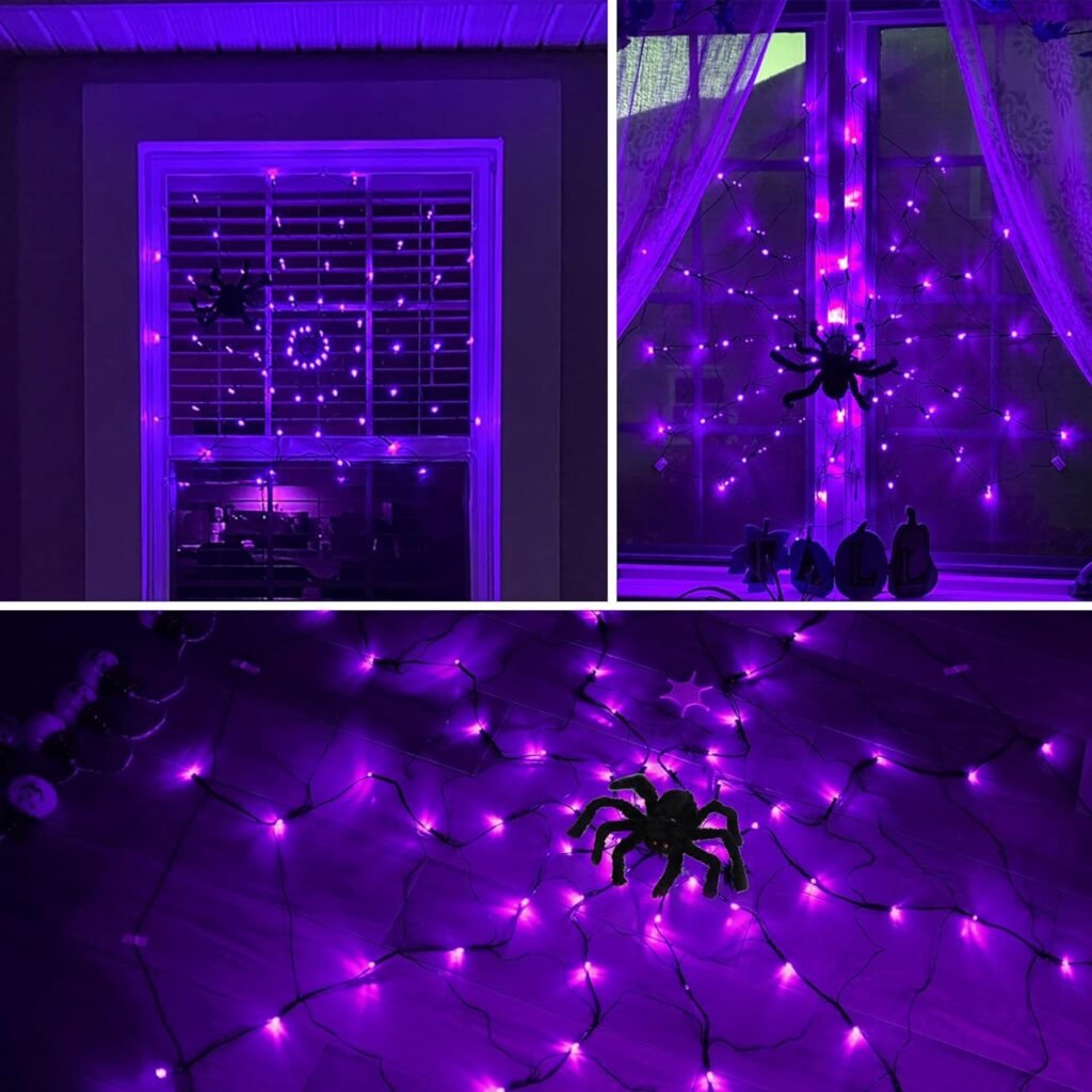 Kemooie Halloween 3.25ft Spider Web with 80 LED and 1 Hairy Spider, 3 Mode Lights Up Cobweb Halloween Decorations for Outdoor Indoor Outdoor Window Wall Garden Patio Yard Decor (Purple)