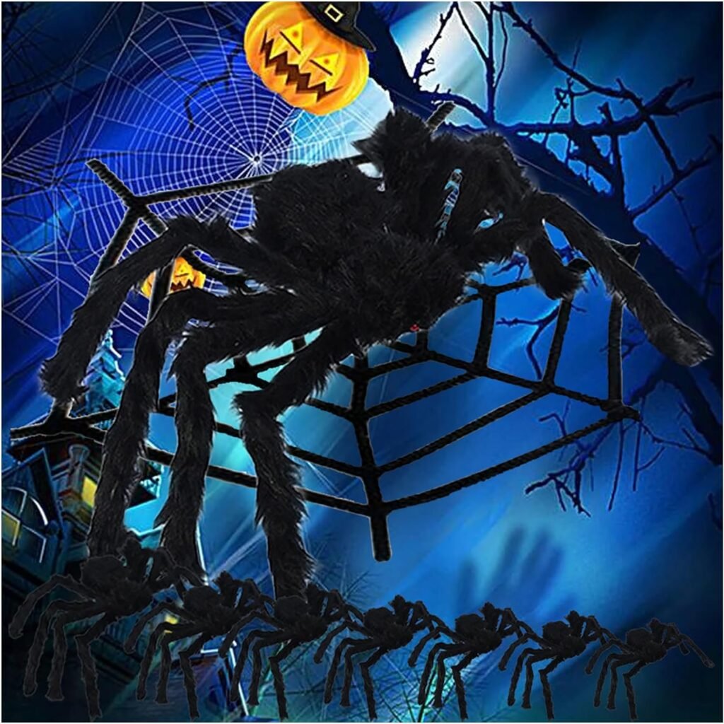 TUTAVIAW Halloween Spider Decorations Giant Spider Outdoor Halloween Spider Web Black Soft Hairy Scary Spider Realistic Large Spider Props for Home, Yard, Party Creepy Halloween Decor (B-35.46IN)