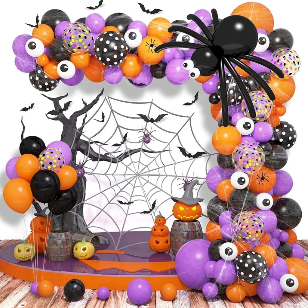 153 Pack Halloween Balloon Arch Garland Kit,Black Orange Purple Balloons and White Eyeballs,Big Spider Balloon and Spider Web Bat Decoration for Halloween Party