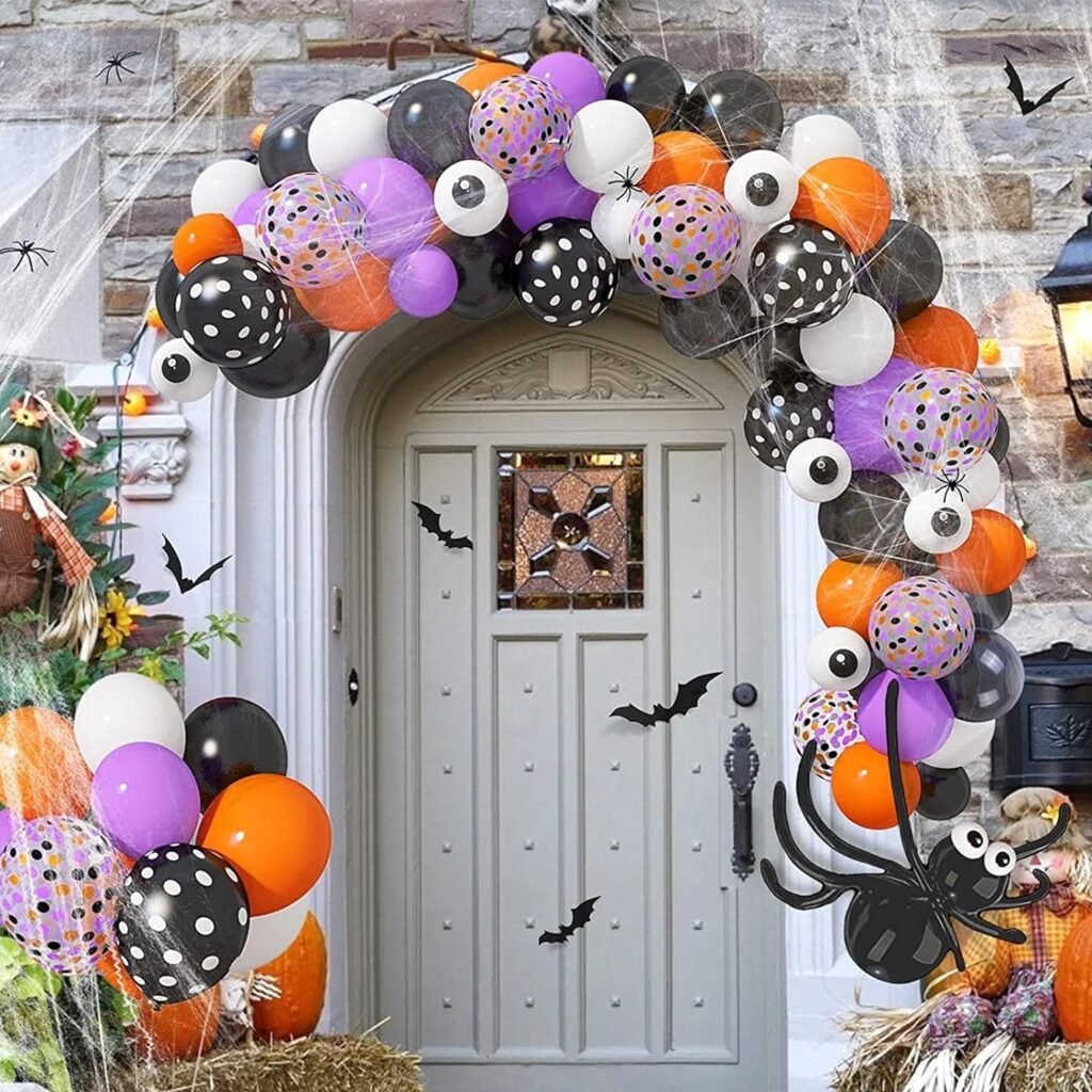 153 Pack Halloween Balloon Arch Garland Kit,Black Orange Purple Balloons and White Eyeballs,Big Spider Balloon and Spider Web Bat Decoration for Halloween Party
