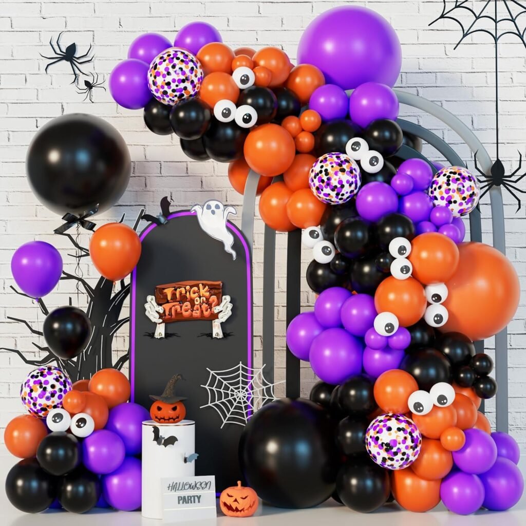 Bonropin 140Pcs Halloween Balloon Garland Arch kit with Black Orange Purple Confetti Eyeball Balloons for Halloween Day Party Background Decorations