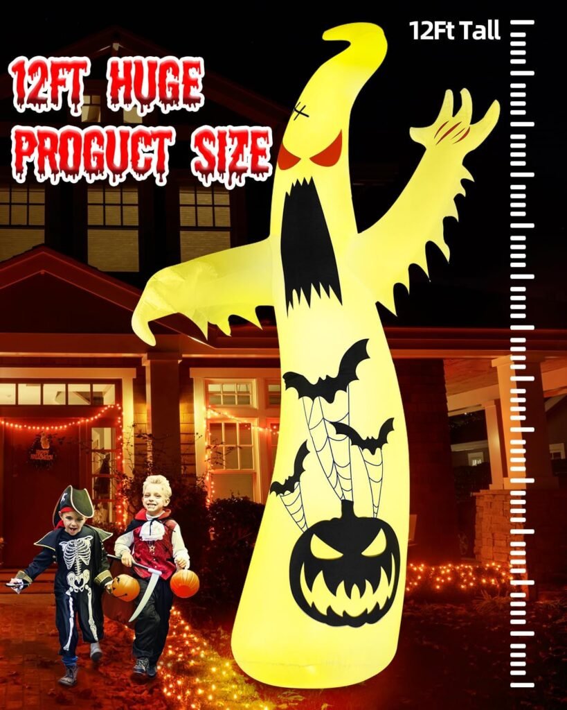 zukakii 12Ft Giant Halloween Inflatables Ghost with 7 Colors Changing Lights, Halloween Decorations Outdoor Blow Up Built-in LED Lights Halloween Inflatable Decor for Yard Garden Lawn Home